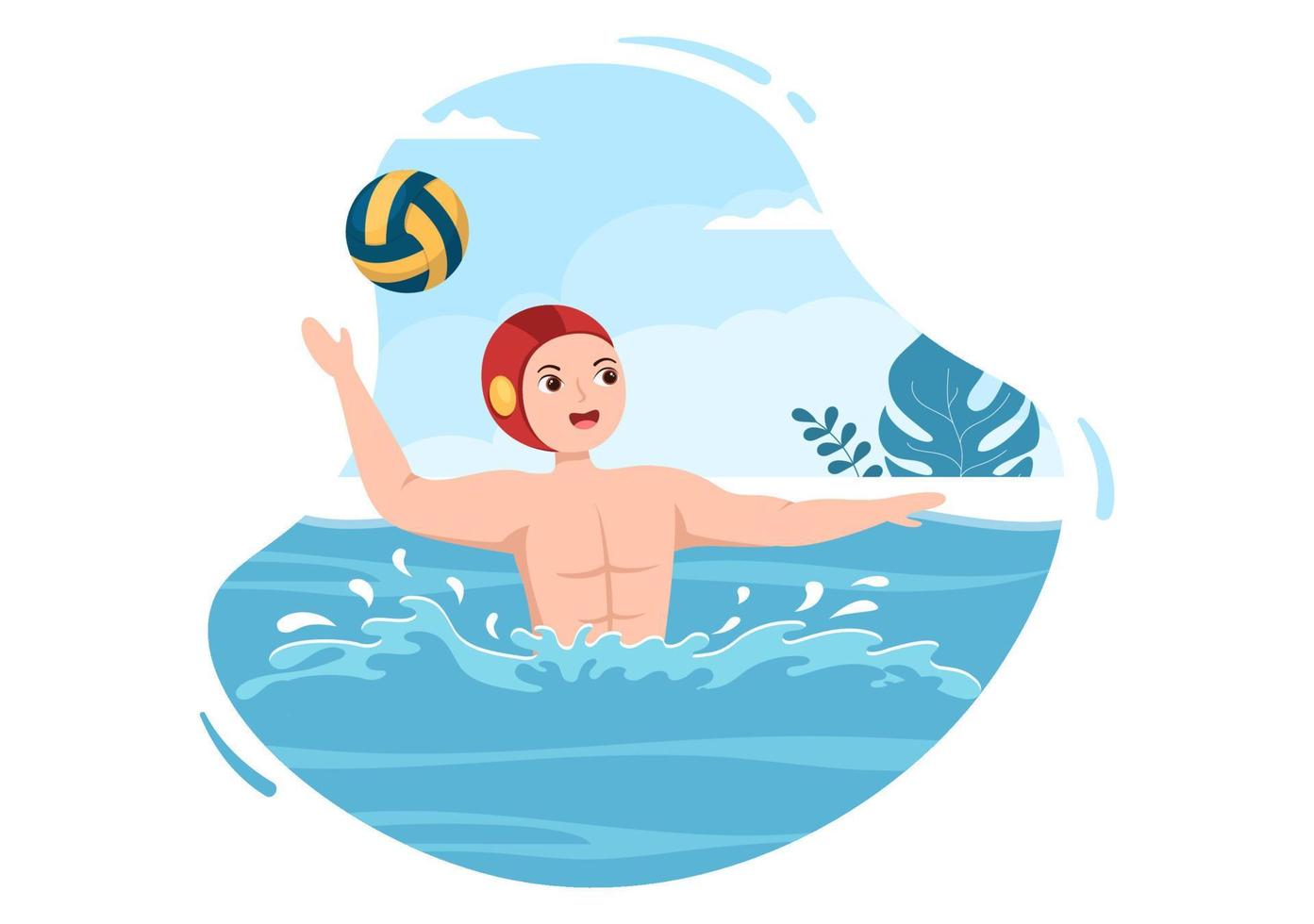 jogador de esporte de pólo aquático jogando para jogar a bola no gol do adversário na piscina em ilustração de modelos desenhados à mão de desenho plano vetor