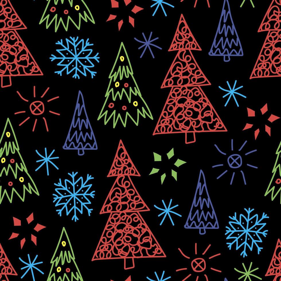 padrão sem emenda de vetor abstrato simples em estilo doodle. flocos de neve multicoloridos, árvores de natal, estrelas em um fundo preto. para o ano novo, desenhos de natal, papel de embrulho, produtos têxteis.