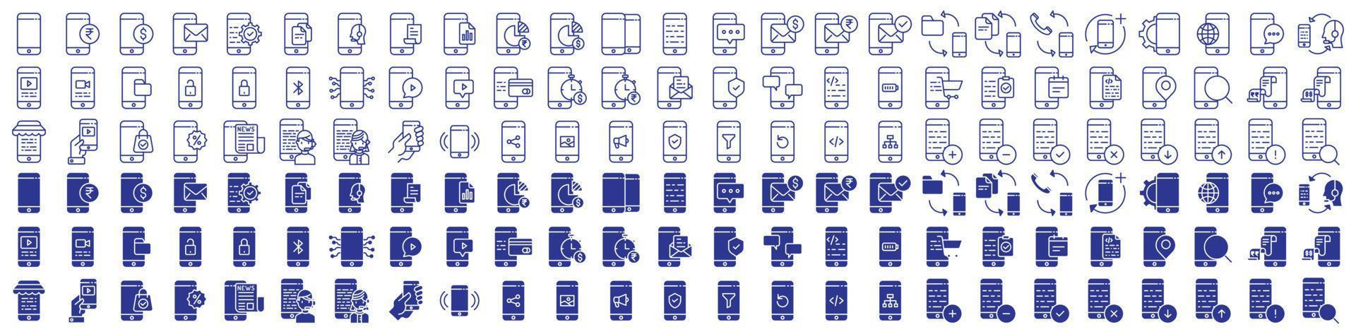coleção de ícones relacionados a aplicativos móveis e desenvolvimento, incluindo ícones como telefone celular, pagamento, configurações, suporte técnico e muito mais. ilustrações vetoriais, pixel perfeito vetor