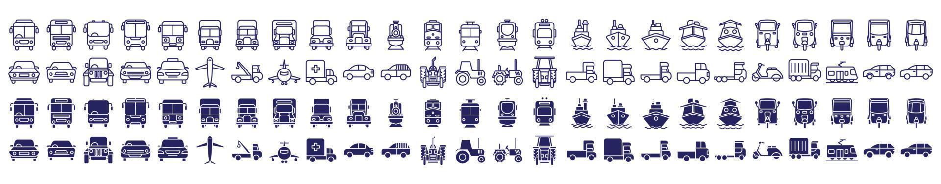 coleção de ícones relacionados a veículos e transporte público, incluindo ícones como ônibus, carro, caminhão e muito mais. ilustrações vetoriais, pixel perfeito vetor