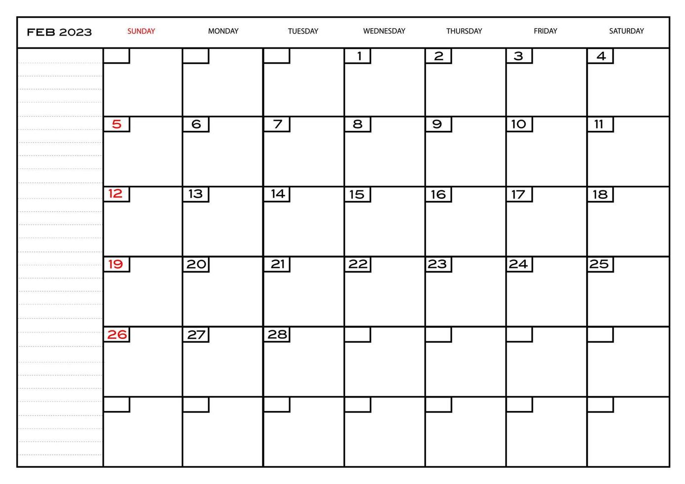 planejador mensal carlendar fevereiro 2023 vetor