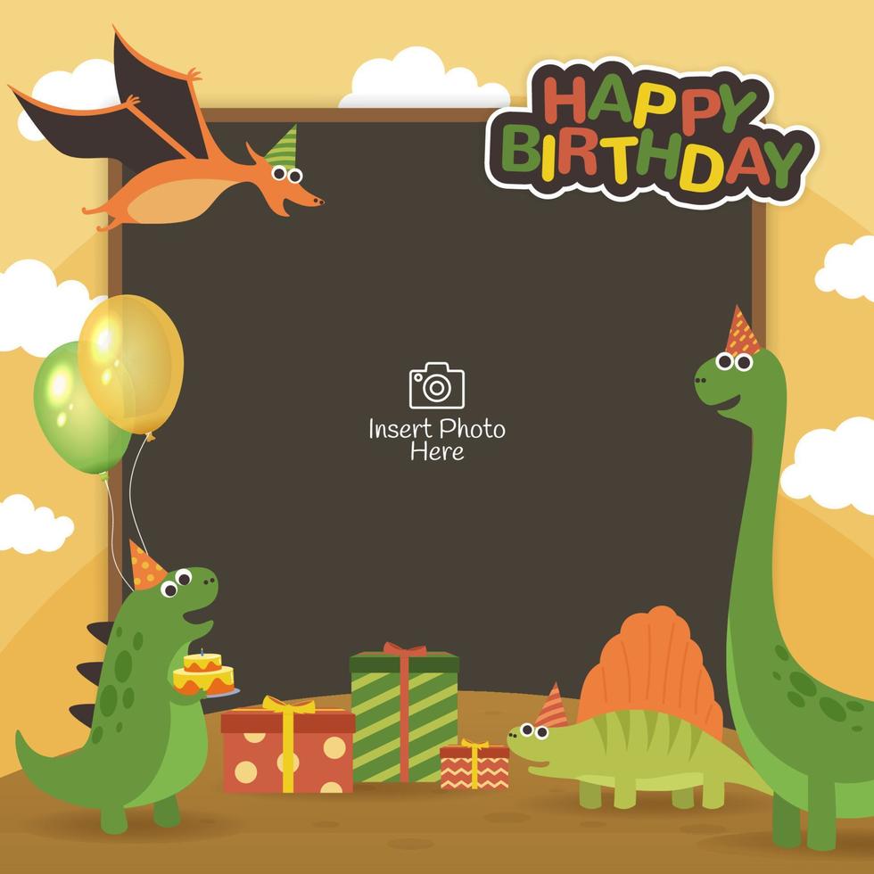 quadro de fundo de feliz aniversário com personagens de dinossauros fofos vetor