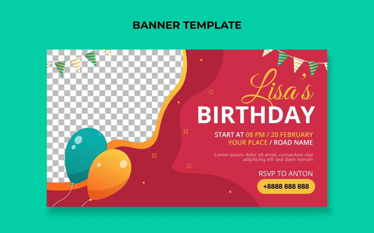 modelo de banner de convite de aniversário com balões e ilustração de bandeira vetor