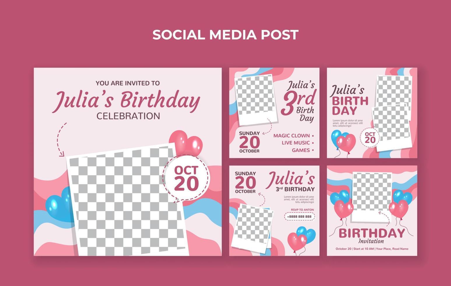 modelo de postagem de mídia social de comemoração de aniversário infantil. adequado para convite de aniversário infantil ou qualquer outro evento infantil vetor