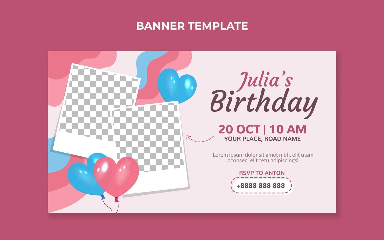 modelo de banner de convite de aniversário com balões em forma de coração vetor