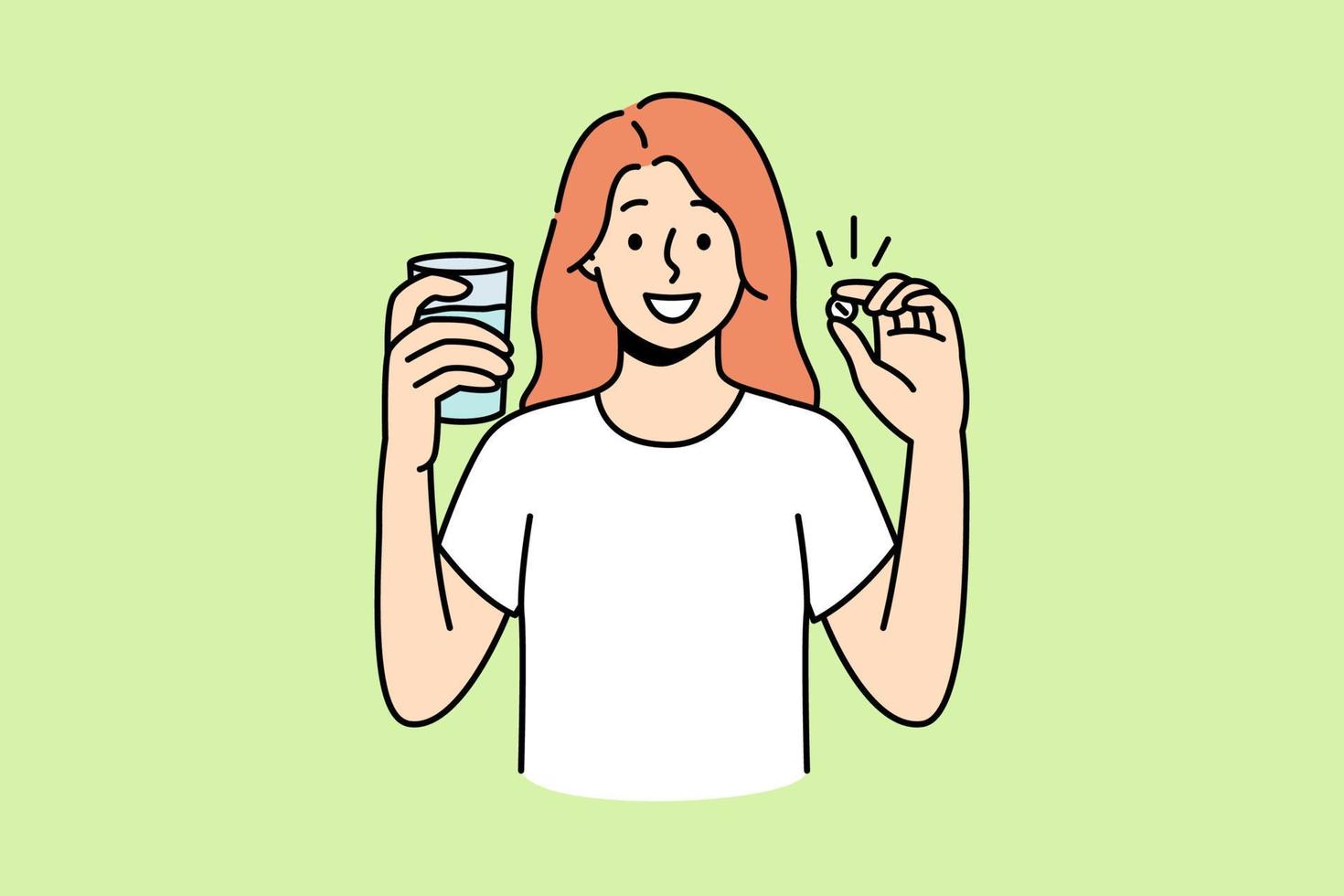 jovem feliz em pé com um copo de água tome uma dose diária de vitaminas. garota feliz toma analgésico ou antidepressivo. medicamentos e drogas. ilustração vetorial. vetor