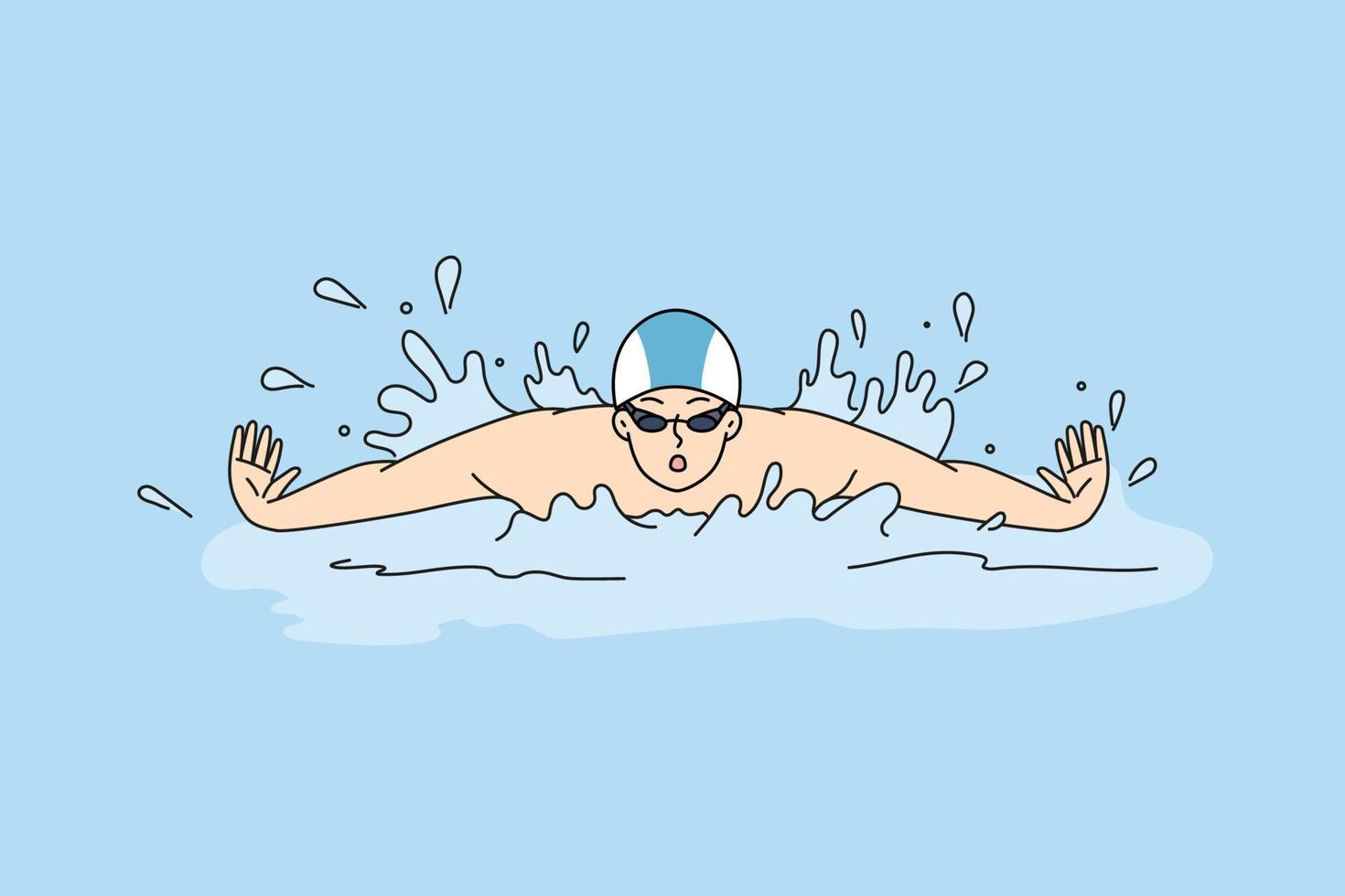 atleta nadando em treinamento de pesquisa para concurso ou competição. esportista nadador na piscina. esporte e atividade. ilustração vetorial. vetor