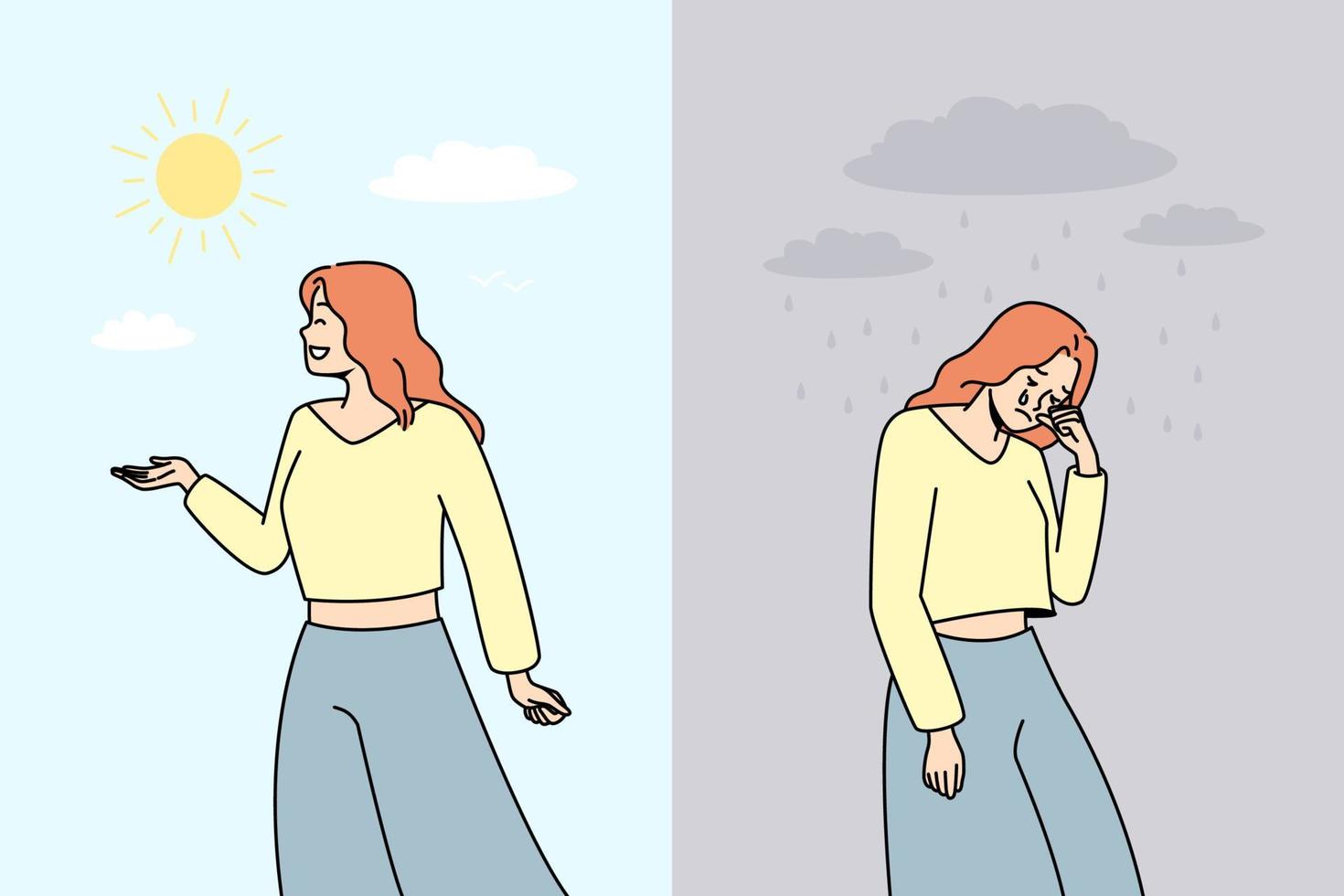 mulher feliz e infeliz. mulheres sofrem de alterações de humor têm depressão ou transtorno bipolar. problema mental. ilustração vetorial. vetor