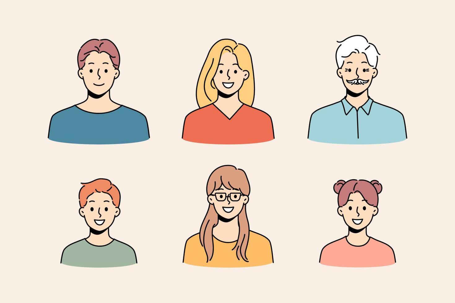 conjunto de avatares de diversas pessoas. coleção de rostos de pessoas mais jovens e mais velhos. diversidade e igualdade. ilustração vetorial. vetor
