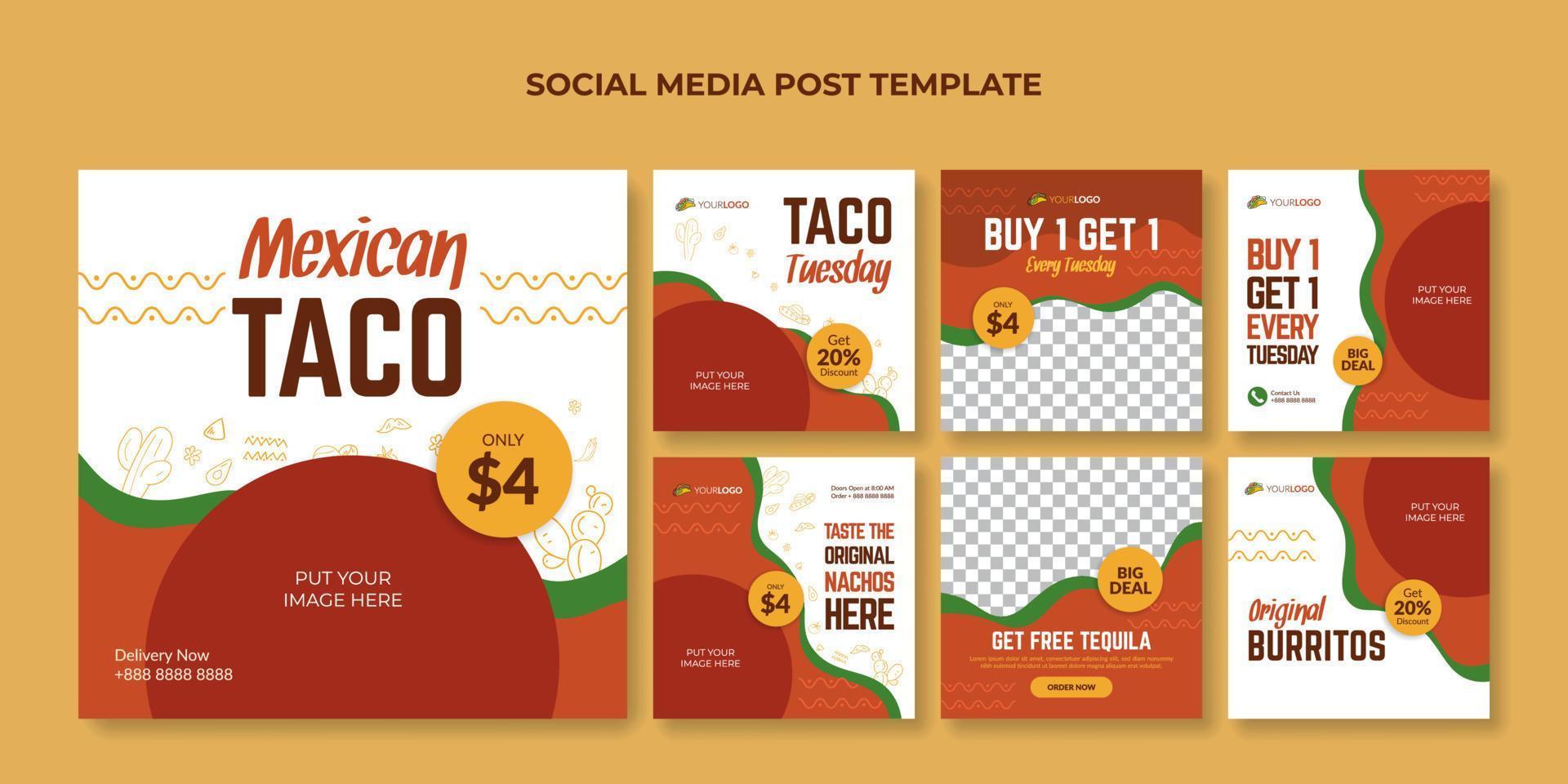 modelo de postagem de mídia social de taco mexicano. banner de comida para restaurante de comida mexicana vetor