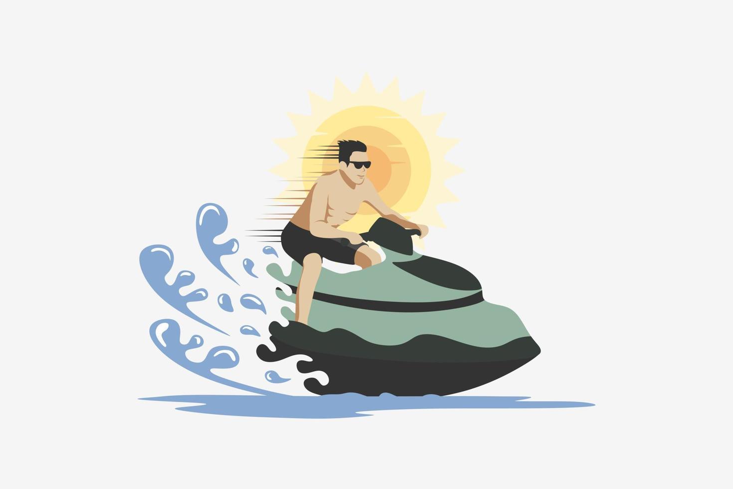 design de ilustração de pessoas andando de scooters de praia ou mar com fundo de sol em conceito criativo, logotipo de scooter de praia de vetor premium