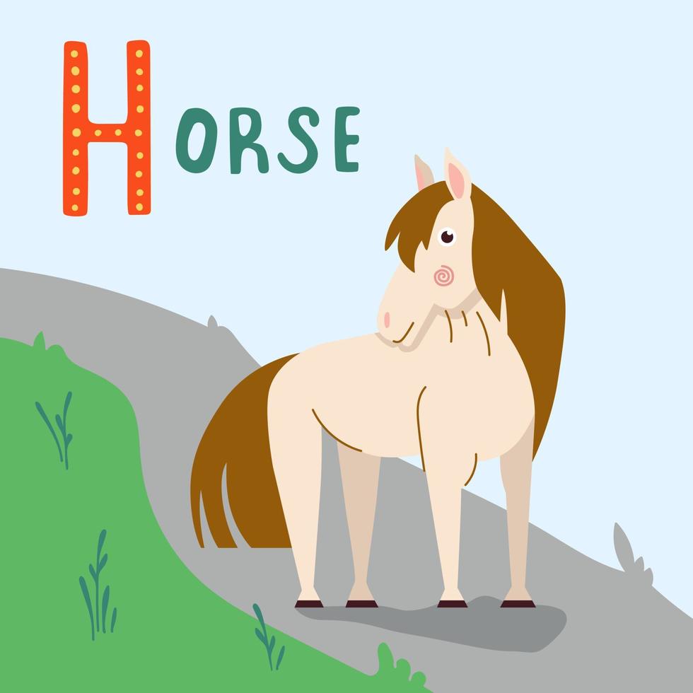 ilustração em vetor cavalo bonito dos desenhos animados na estrada. cavalo de fazenda bonito e engraçado com rosto amigável