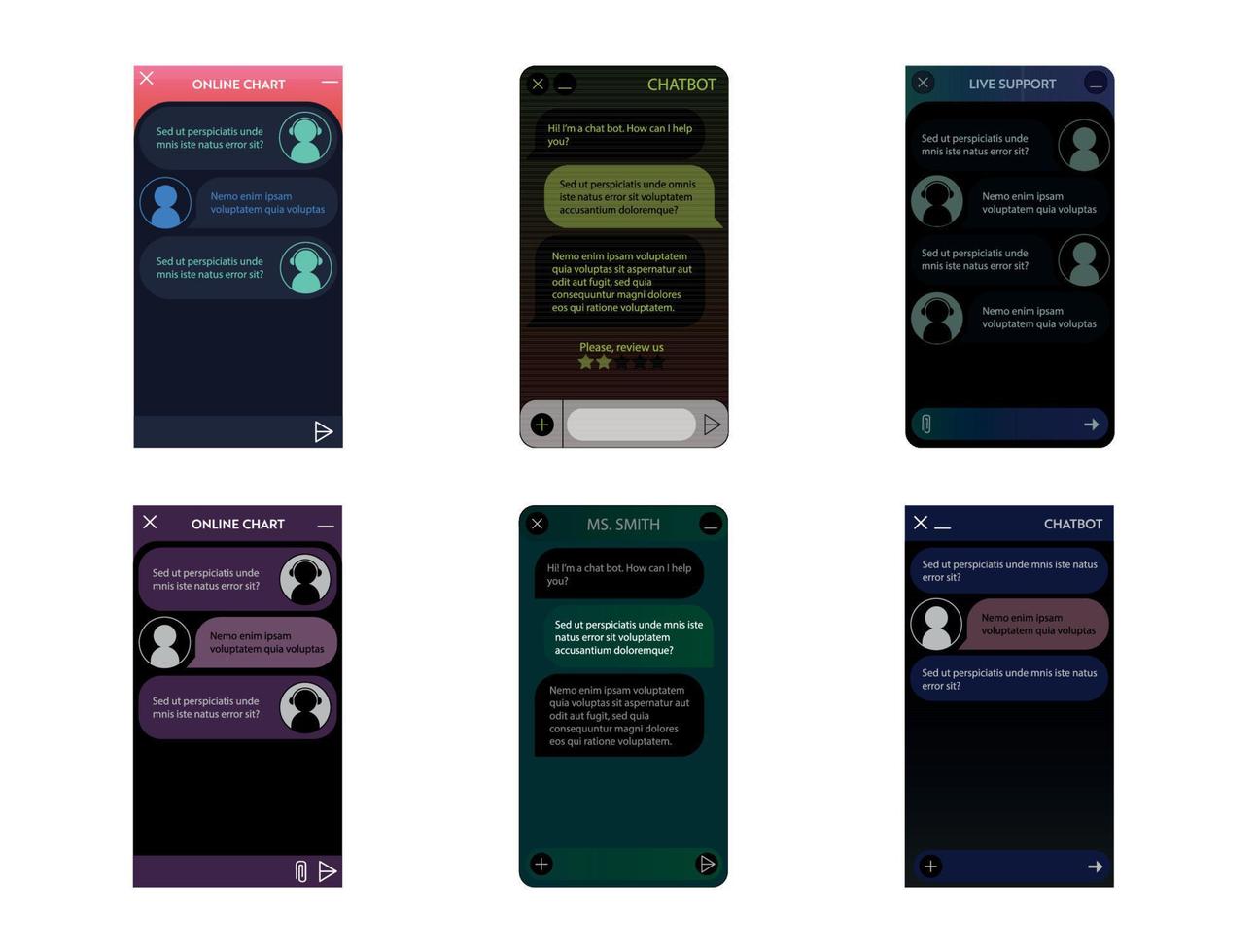 conjunto de janelas do chatbot. interface de usuário do aplicativo com diálogo online. conversa com um assistente de robô vetor