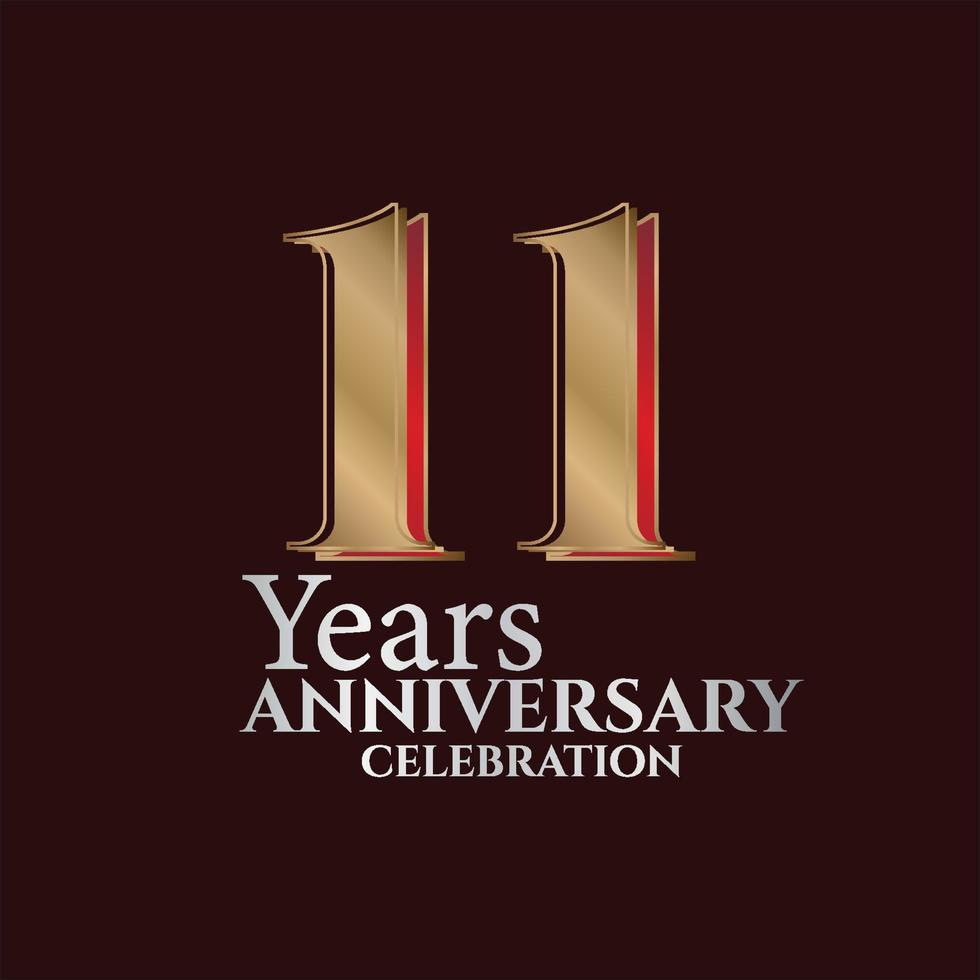 11º aniversário logotipo de ouro e cor vermelha isolada em fundo elegante, design vetorial para cartão de felicitações e cartão de convite vetor