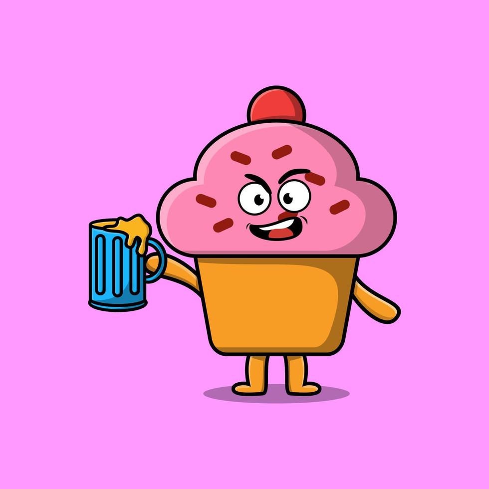 personagem de mascote de desenho animado cupcake com copo de cerveja vetor
