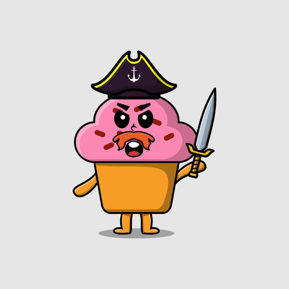 pirata de cupcake bonito dos desenhos animados com chapéu e espada vetor