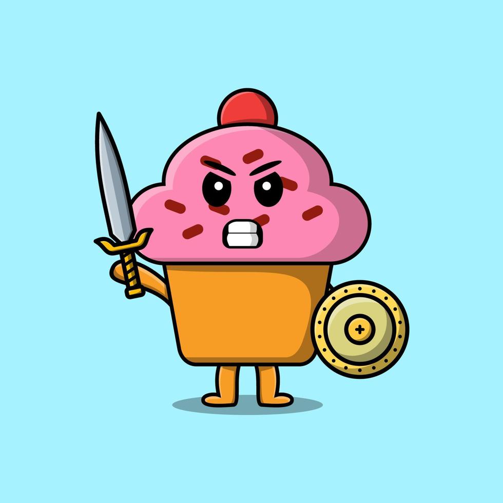 cupcake de personagem de desenho animado fofo segurando a espada vetor