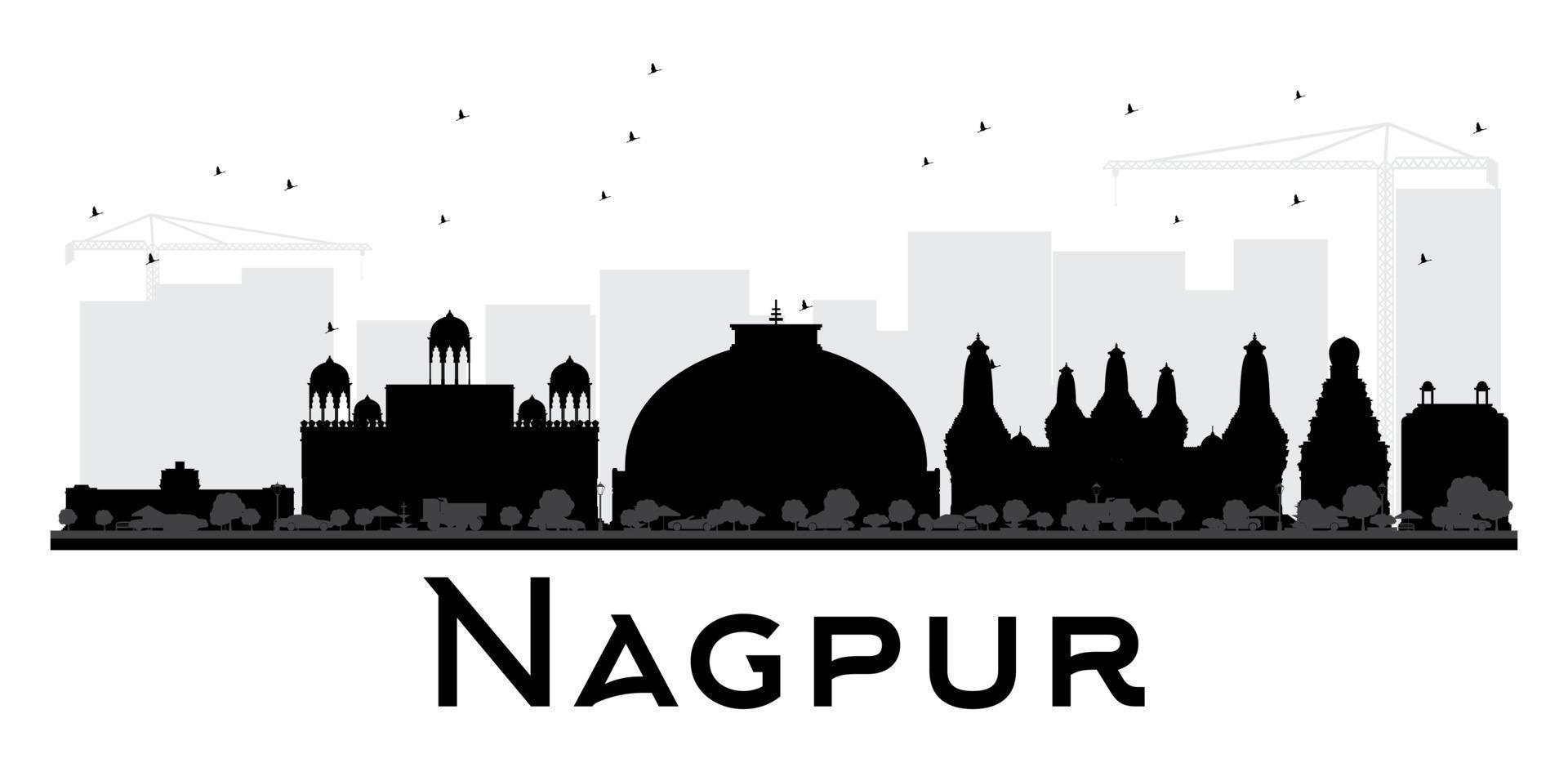 silhueta preto e branco do horizonte da cidade de nagpur. vetor