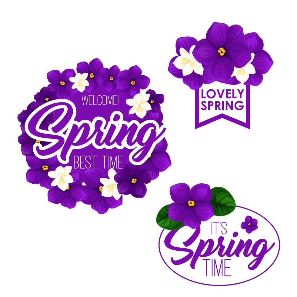 distintivo de férias de temporada de primavera conjunto com flores vetor