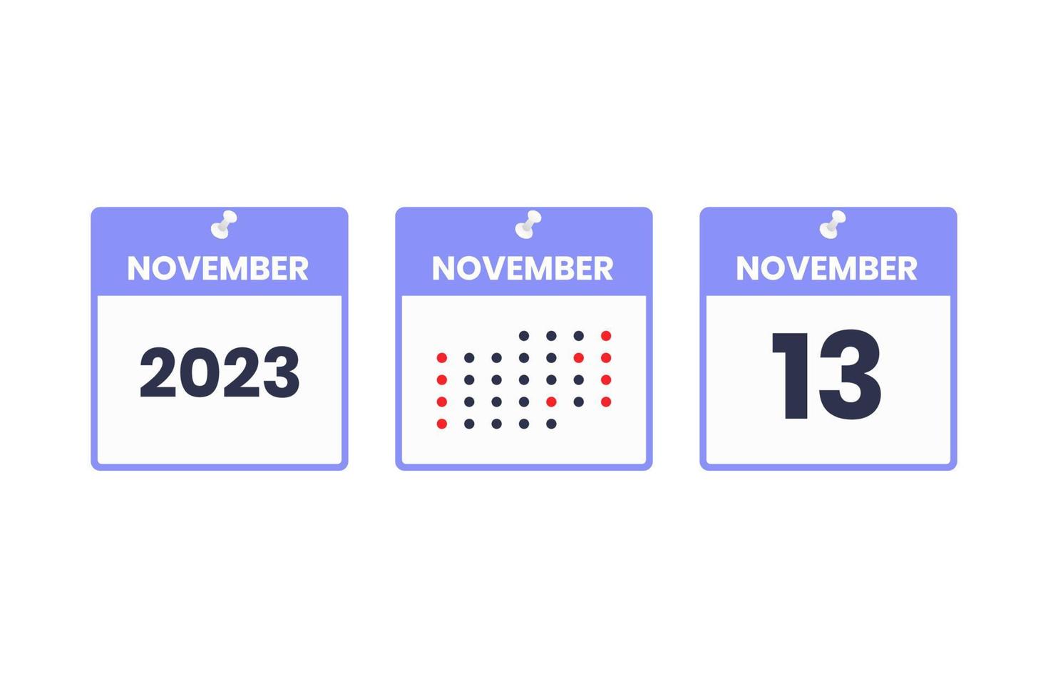 ícone de design de calendário de 13 de novembro. calendário de 2023, compromisso, conceito de data importante vetor