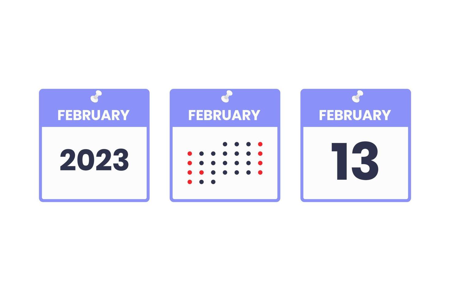 ícone de design de calendário de 13 de fevereiro. calendário de 2023, compromisso, conceito de data importante vetor