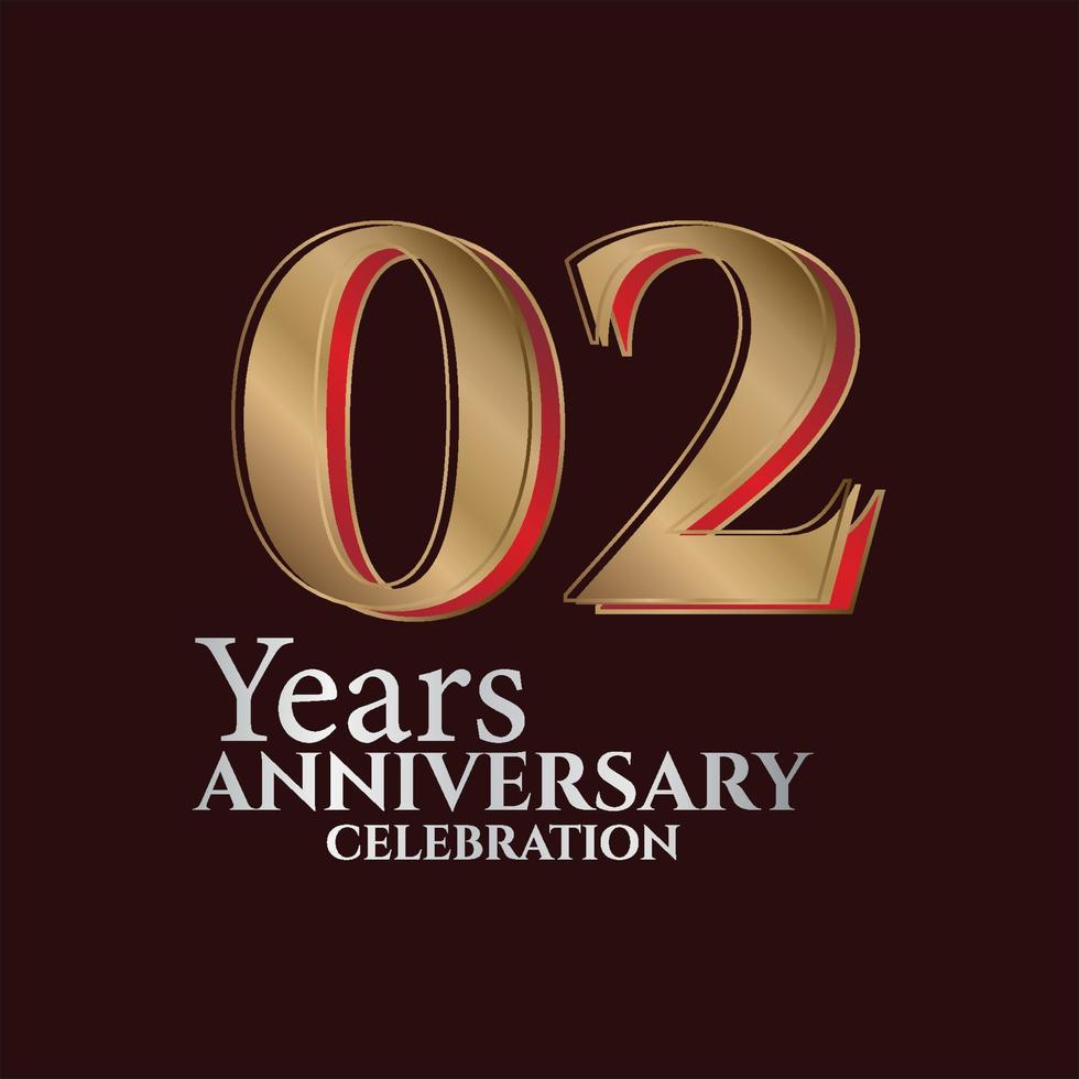 02 anos de aniversário logotipo ouro e cor vermelha isolado em fundo elegante, design vetorial para cartão de saudação e cartão de convite vetor