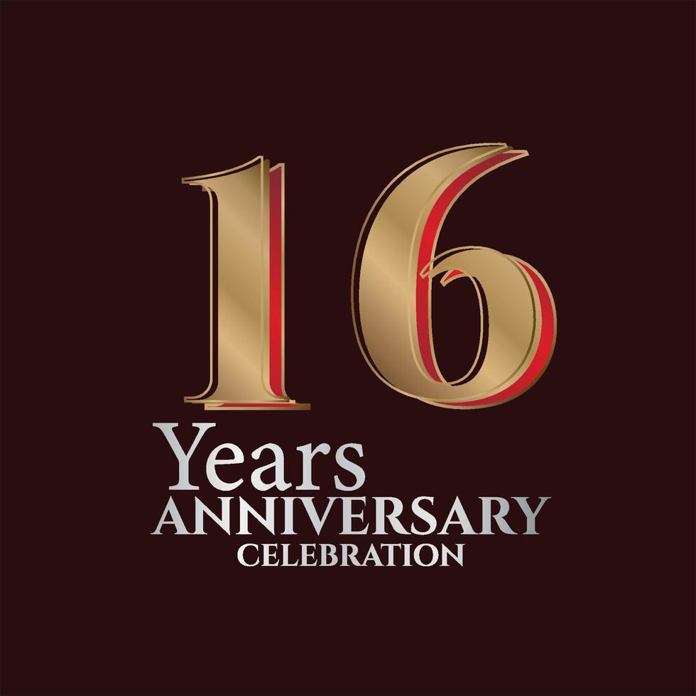 16º aniversário logotipo de ouro e cor vermelha isolada em fundo elegante, design vetorial para cartão de felicitações e cartão de convite vetor