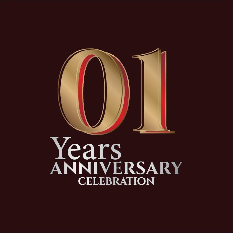 01º ano de aniversário logotipo ouro e cor vermelha isolado em fundo elegante, design vetorial para cartão de felicitações e cartão de convite vetor