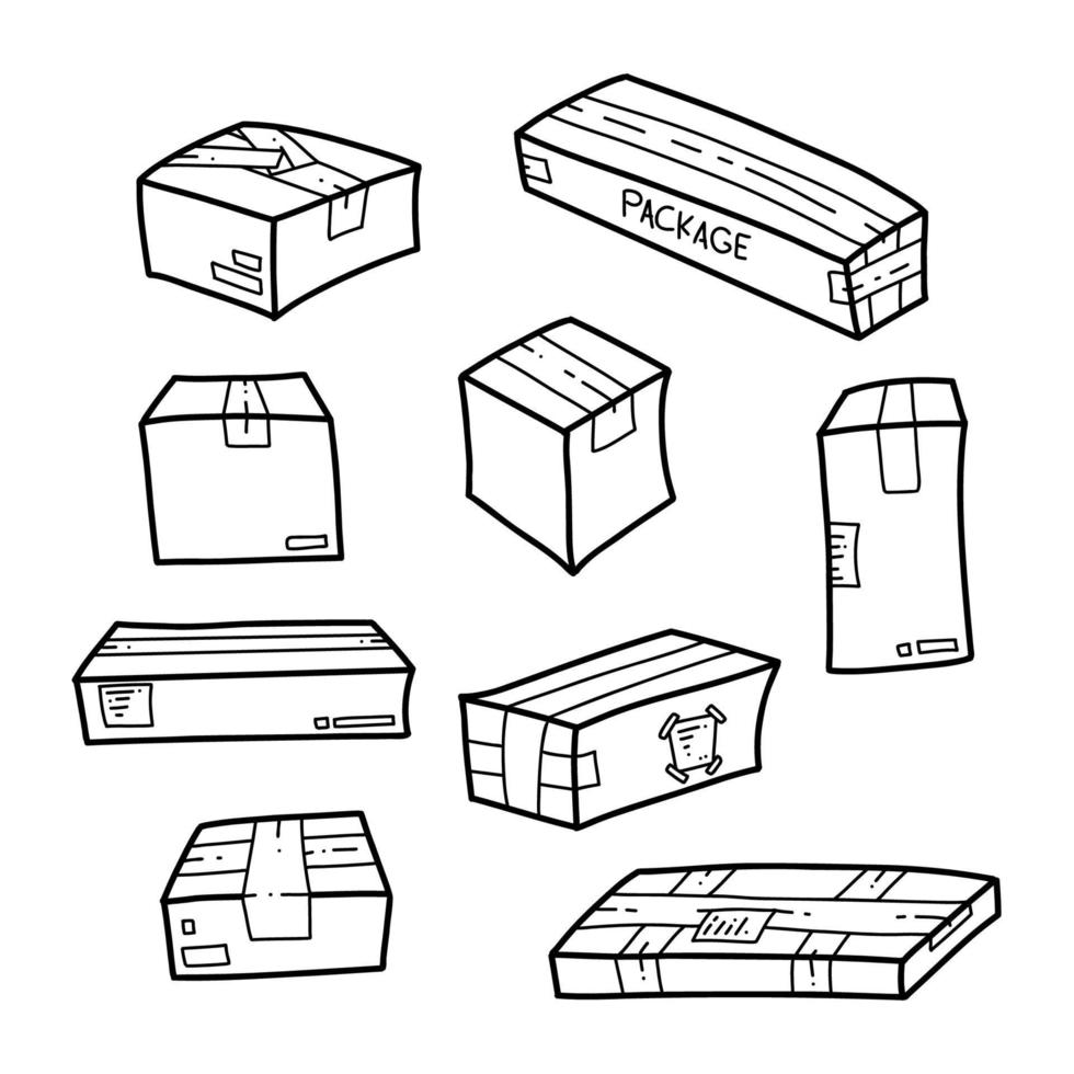 doodle desenho de mão pacote pacote caixa conjunto ilustração de contorno vetor