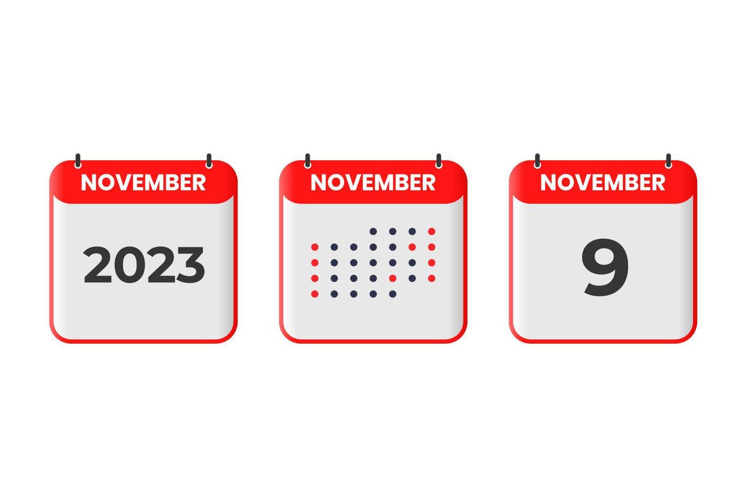 ícone de design de calendário de 9 de novembro. calendário de 2023, compromisso, conceito de data importante vetor