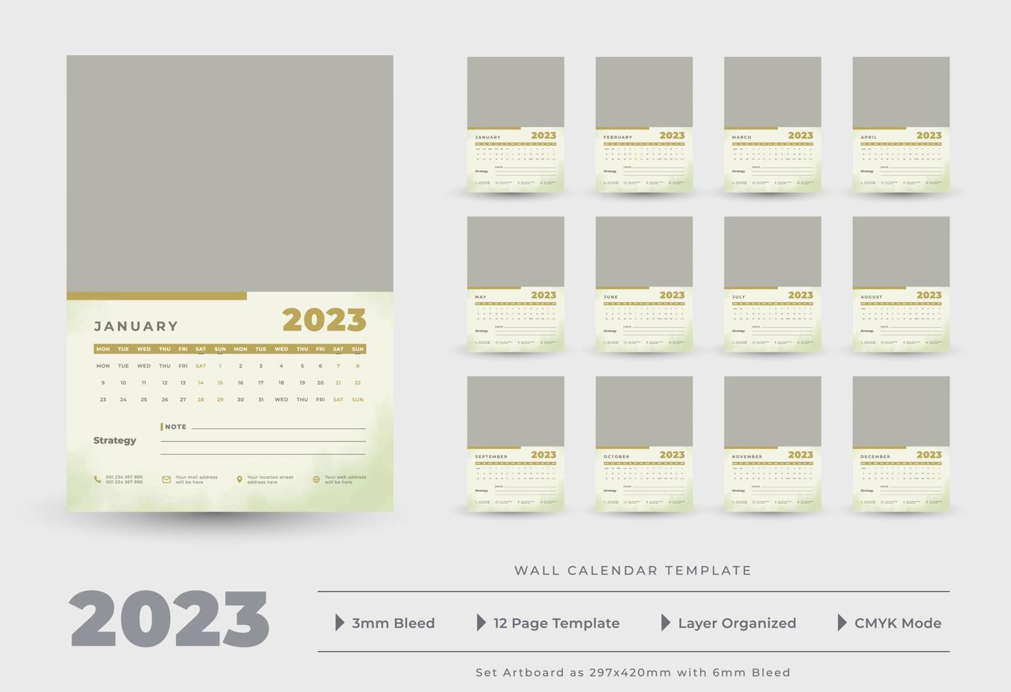 modelo de 12 páginas de calendário de parede 2023 vetor