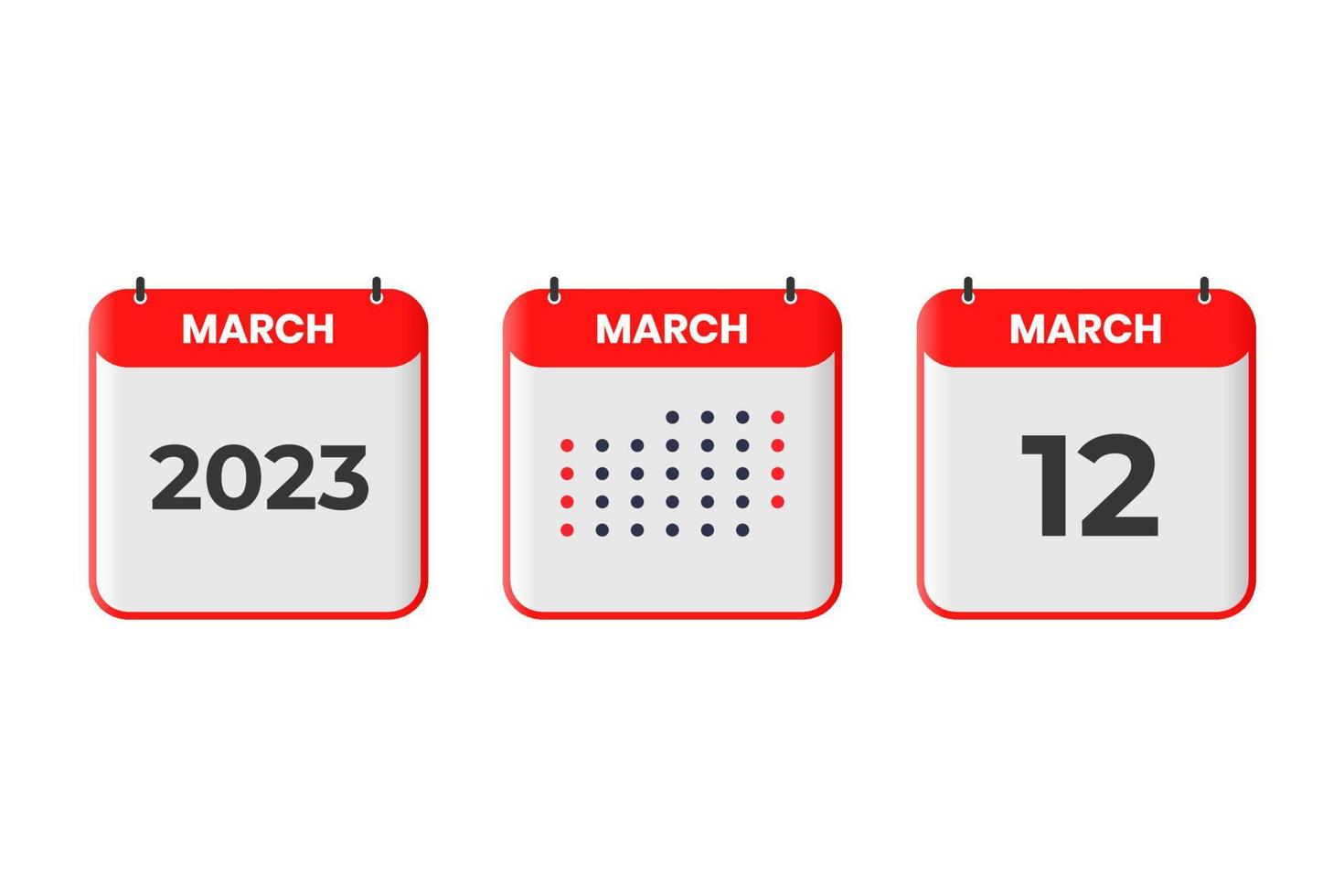 ícone de design de calendário de 12 de março. calendário de 2023, compromisso, conceito de data importante vetor