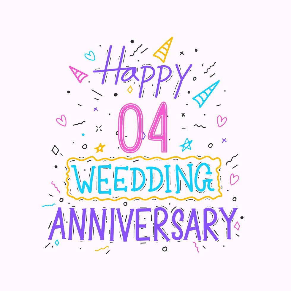 feliz 4º aniversário de casamento letras de mão. celebração de aniversário de 4 anos desenho tipografia design de mão vetor