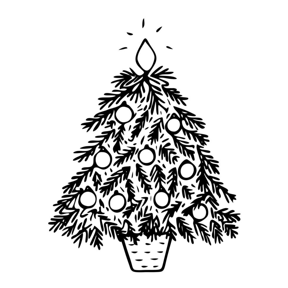ilustração gráfica. árvore de natal com brinquedos, silhueta, símbolo, linhas simples, pretas sobre fundo branco, isolado, esboço, doodle. vetor