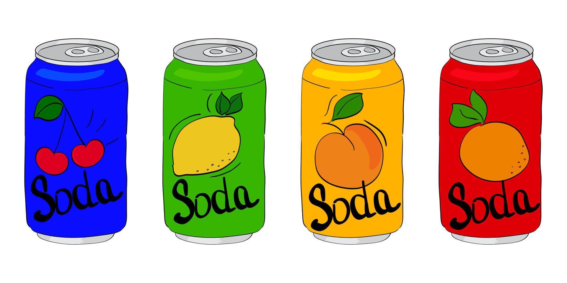 coleção de latas de refrigerante fofa. conjunto adorável desenhado à mão de refrigerantes em latas de alumínio. ilustrações de fantasia de latas de refrigerantes de cores modernas. design moderno de latas com limão, cereja, pêssego e laranja vetor