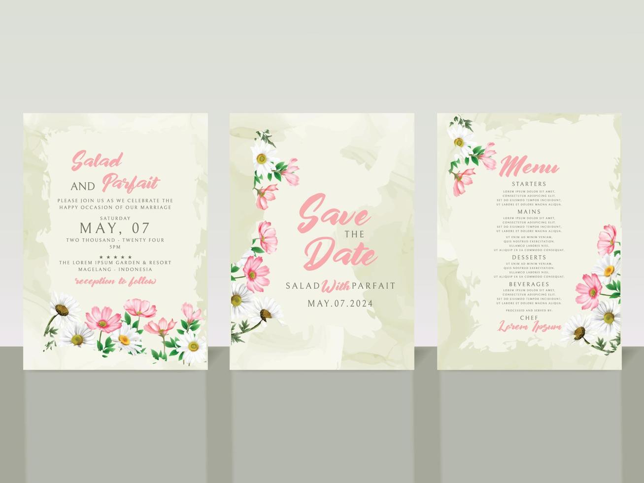 cartão de convite de casamento elegante flores brancas e rosa vetor
