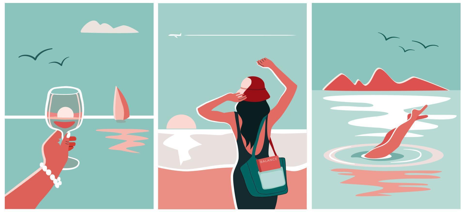 três cartazes representando verão, relaxamento, diversão. designs de pôsteres de filmes minimalistas. vetor