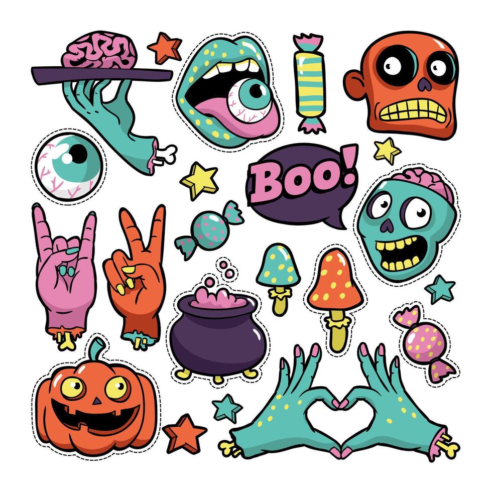 conjunto de patches de halloween em estilo de quadrinhos de desenho animado. vetor