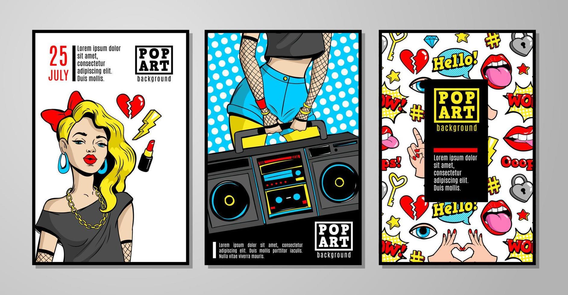 cartões vetoriais e banners no estilo de quadrinhos pop-art dos anos 80 e 90. vetor