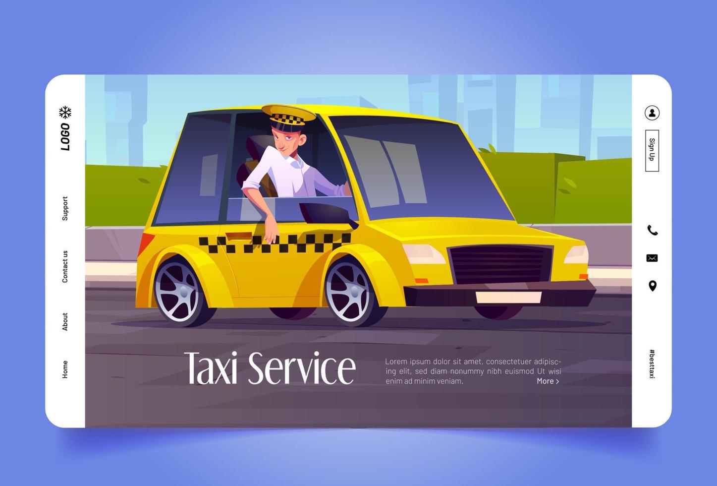 página de destino dos desenhos animados do serviço de táxi, motorista no carro vetor