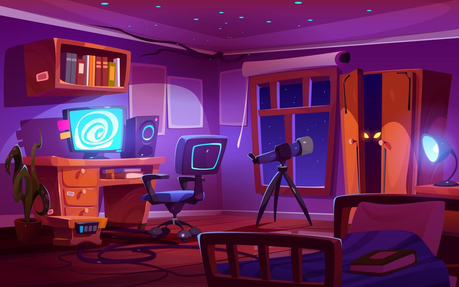 interior do quarto à noite com computador, telescópio vetor