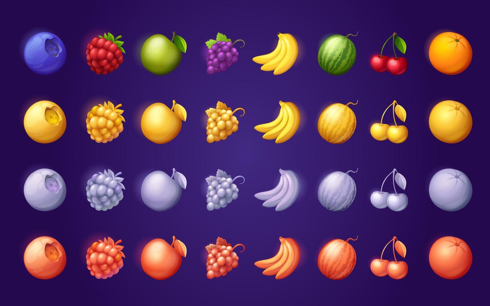 conjunto de cores de ícones de frutas, interface de cassino online vetor