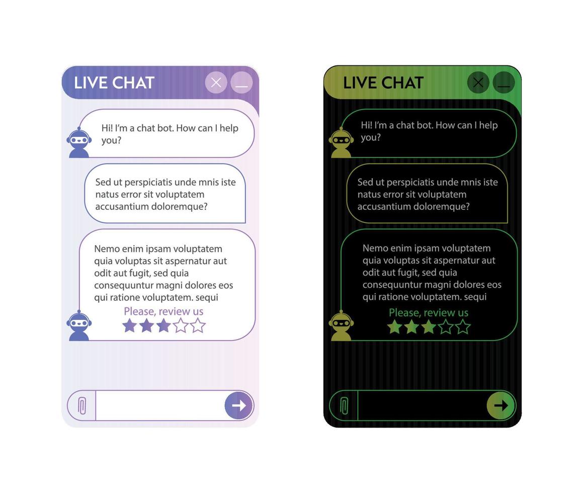 conjunto de janelas do chatbot. interface de usuário do aplicativo com diálogo online. conversa com um assistente de robô vetor