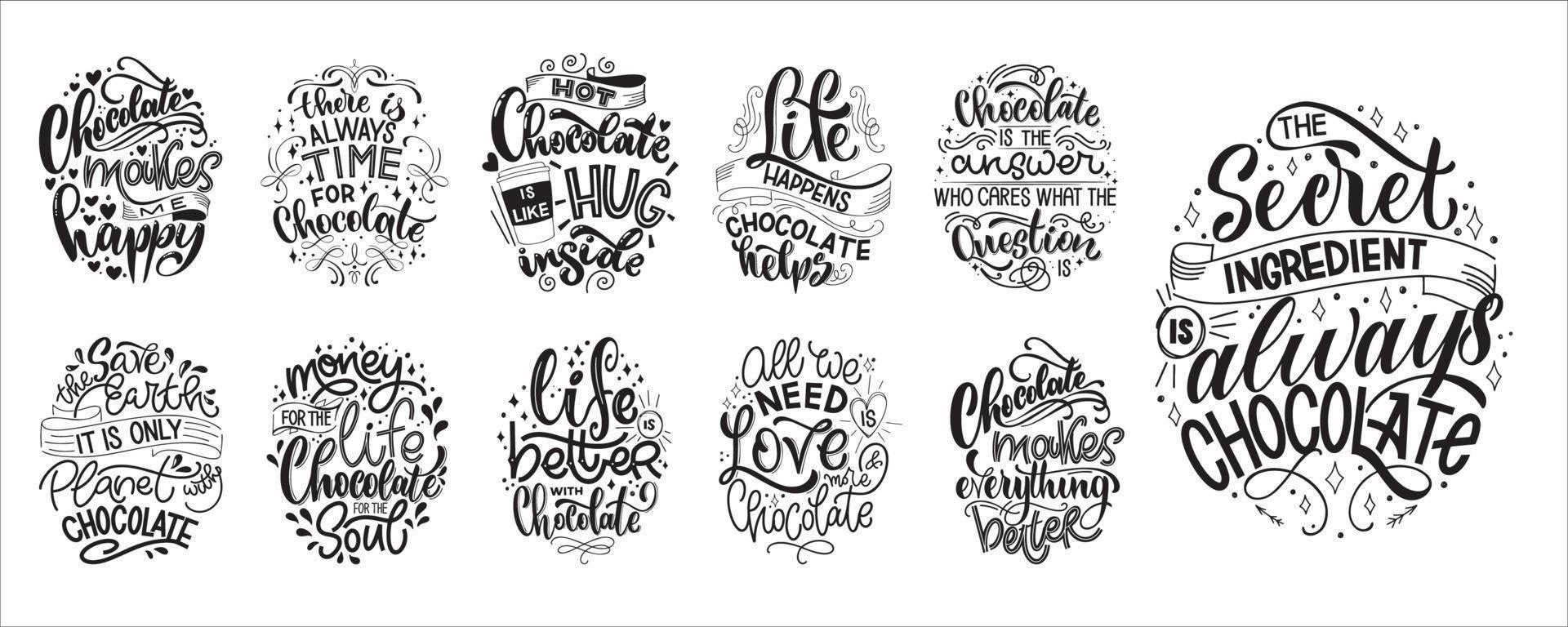 conjunto de citações de letras de mão de chocolate. vetor