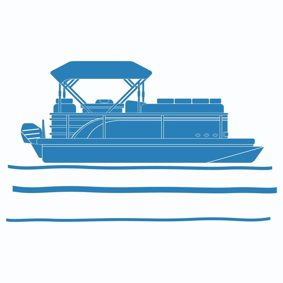 vetor editável de barco de pontão de vista lateral na ilustração de águas calmas em estilo monocromático plano com cor azul para elemento de arte de design relacionado a transporte ou recreação