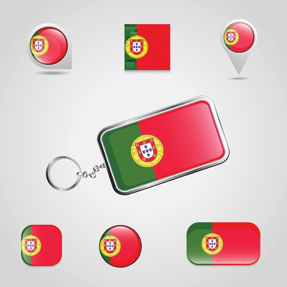 bandeira do país portugal no chaveiro e mapa pin estilo diferente vetor