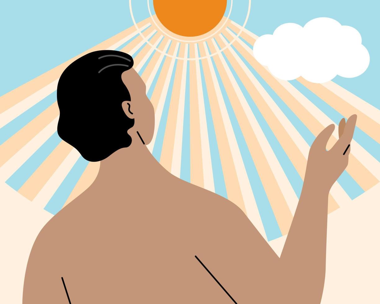 por trás da vista homem de pele bronzeada sob o sol para obter mais vitamina d da luz do sol, conceito de estilo de vida saudável. ilustração vetorial plana. vetor