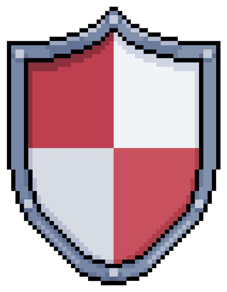 escudo de pixel art, ícone de vetor de escudo vermelho e branco para jogo de 8 bits em fundo branco