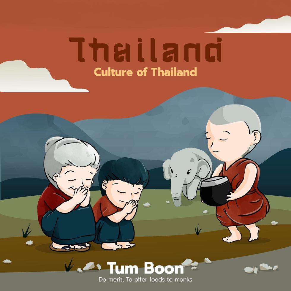 tum boon faz cultura de mérito da tailândia bonito desenho animado casal de crianças e monge com ilustração vetorial de personagem de elefante vetor