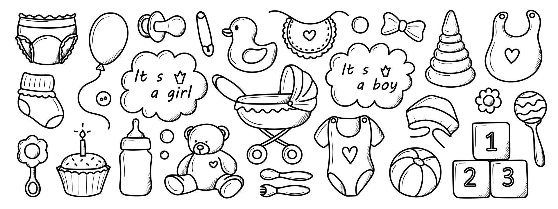 um conjunto de elementos de crianças nascidas desenhadas à mão em estilo doodle vetor
